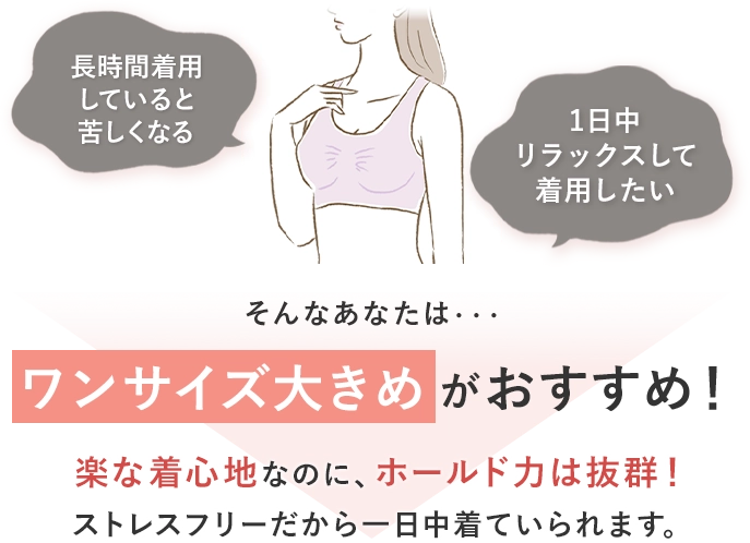 長時間着用していると苦しくなる 1日中リラックスして着用したい そんなあなたは・・・ワンサイズ大きめがおすすめ！楽な着心地なのに、ホールド力は抜群！
                    ストレスフリーだから一日中着ていられます。