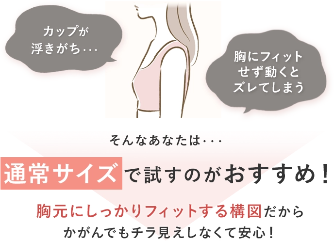カップが浮きがち・・・胸にフィットせず動くとズレてしまう そんなあなたは・・・通常サイズで試すのがおすすめ！胸元にしっかりフィットする構図だから
                    かがんでもチラ見えしなくて安心！